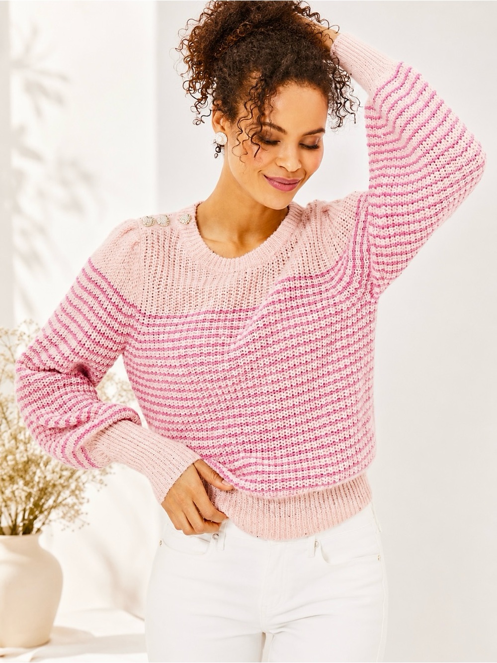 Lilly Pulitzer Finney Sweater Sparkle Stripe Novelty Buttons Peon Pink